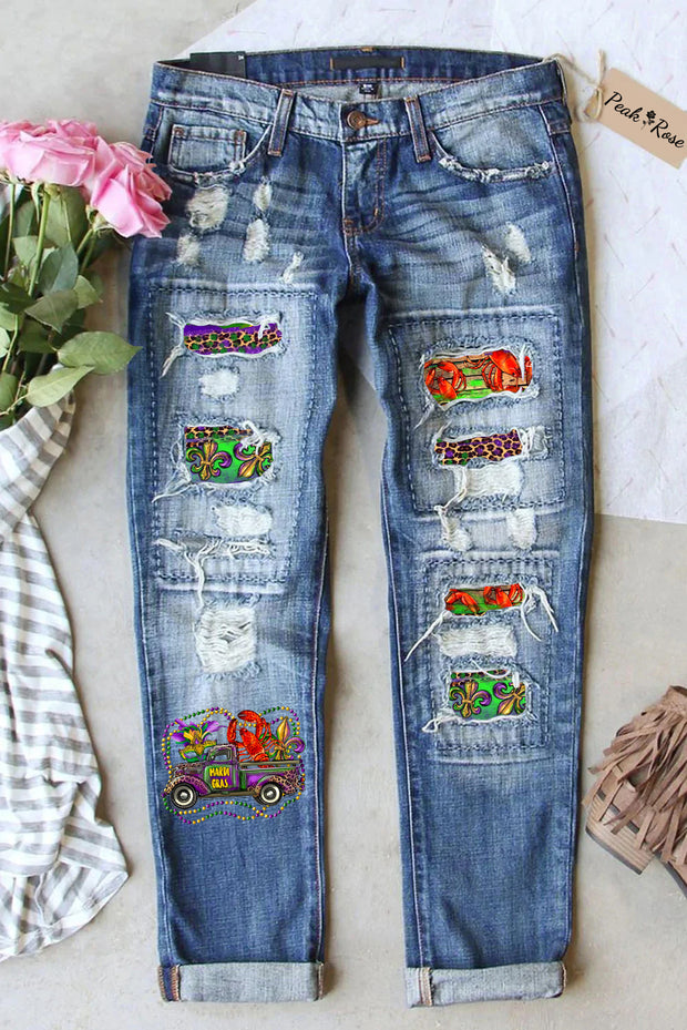 Mardi Gras Truck With Mask Fleur De Lis And Crawfish Western Leopard Print Ripped Denim Jeans