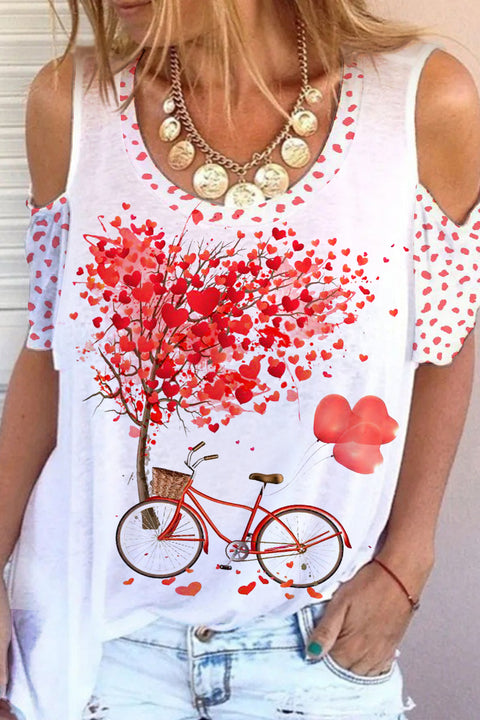 Bicycle Print Cold Shoulder T-Shirt