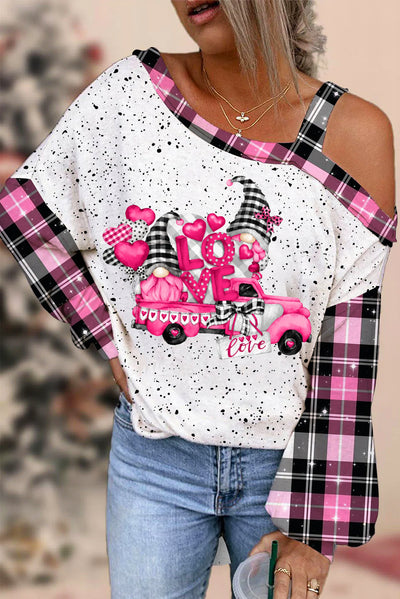 Gnomes Love Truck Heart-Shaped Balloons Plaid Polka Print Off-Shoulder Blouse