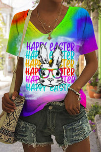 Happy Easter Rainbow Bunny With Glasses Tie Dye Print V Neck T-shirt