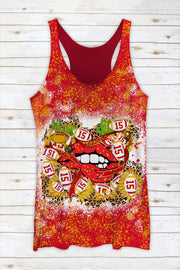 Red & Yellow Leopard Print Championship Trophy & MVP Number & Love Kiss Print Racerback Tank Top