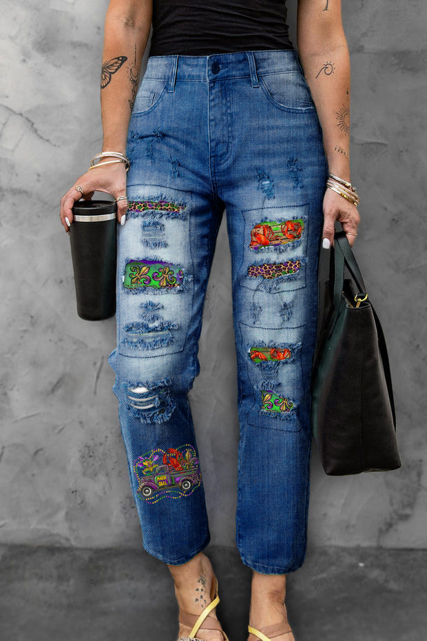 Mardi Gras Truck With Mask Fleur De Lis And Crawfish Western Leopard Print Ripped Denim Jeans