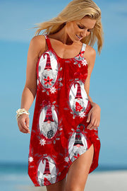 Retro Vintage Christmas Gnomes Print Sleeveless Dress