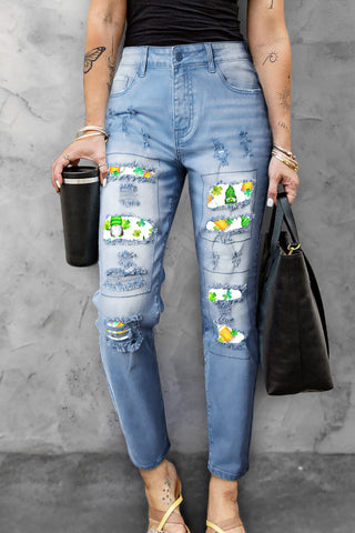 3 Fairy Clover And Beer Cute Goblins Ripped Denim Jeans
