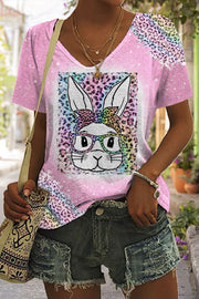 Rainbow Leopard Easter Bunny With Glasses Bleached Print V Neck T-shirt