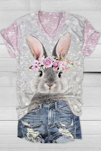 Glitter Cute Easter Bunny With Pink Wreath Printed V Neck Short Sleeve T-shirt