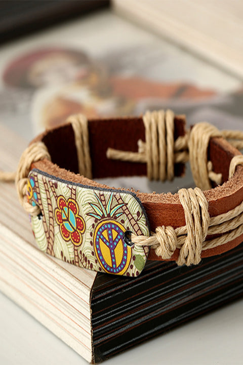 Vintage Peace Sign Bracelet In Braided Cowhide Leather