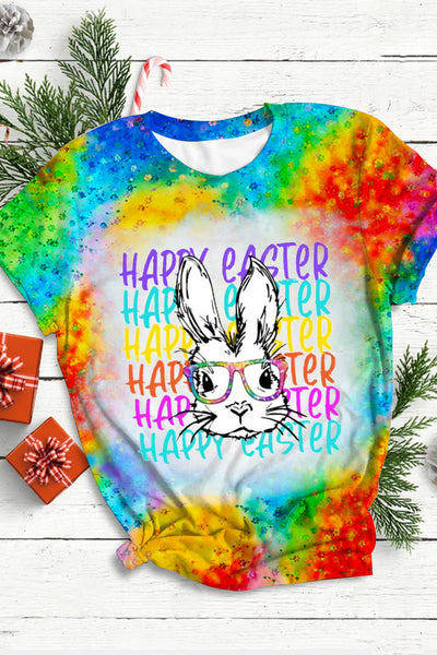 Happy Easter Rainbow Bunny With Glasses Bleached Print Round Neck T-shirt