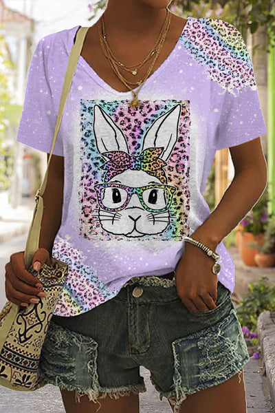 Rainbow Leopard Easter Bunny With Glasses Bleached Print V Neck T-shirt