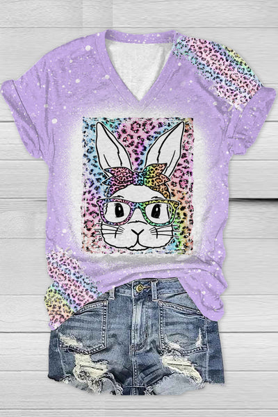 Rainbow Leopard Easter Bunny With Glasses Bleached Print V Neck T-shirt
