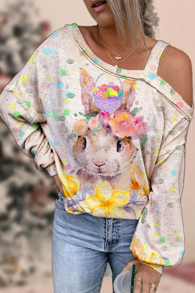Happy Easter Colorful Polka Dots And Egg Flowers Cute Rabbit Off-Shoulder Blouse