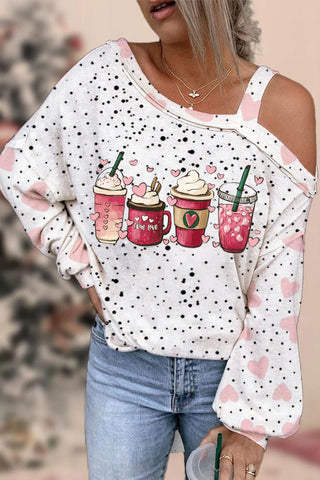 Coffee Lover Polka Dots Heart Print Off-shoulder Blouse