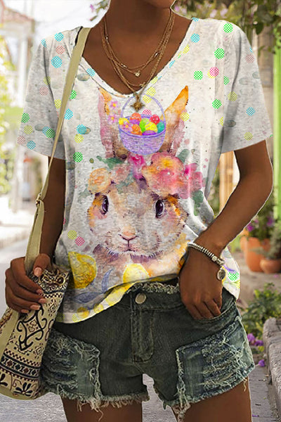 Happy Easter Colorful Polka Dots And Egg Flowers Cute Rabbit V Neck T-shirt