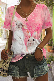 Retro Easter Cute Bunny Watercolor Floral Print V Neck T-shirt