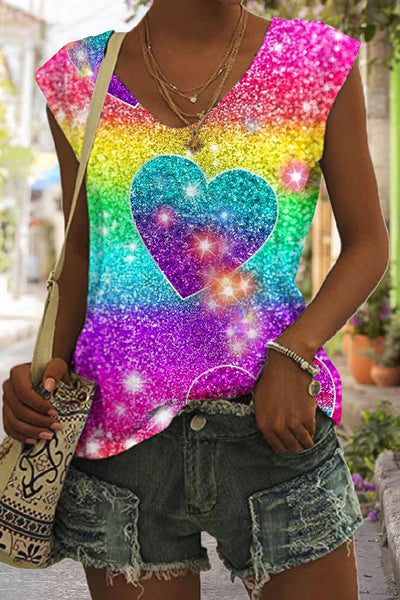 Glitter Heart Colorful Rainbow Sparkles Print Tank Top