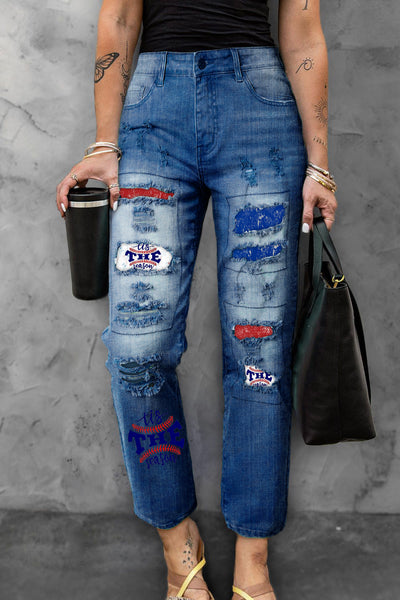 American Flag Tis the Season Baseball Softball Printed Ripped Denim Jeans
