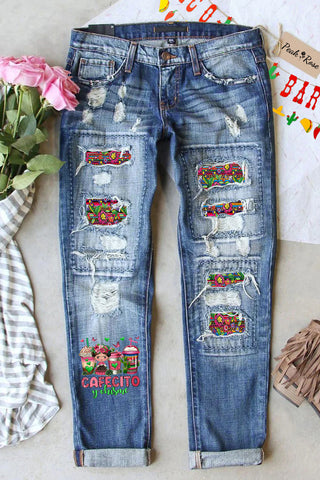 Cafecito Y Chisme Coffee Cups Mexican Day Print Ripped Denim Jeans
