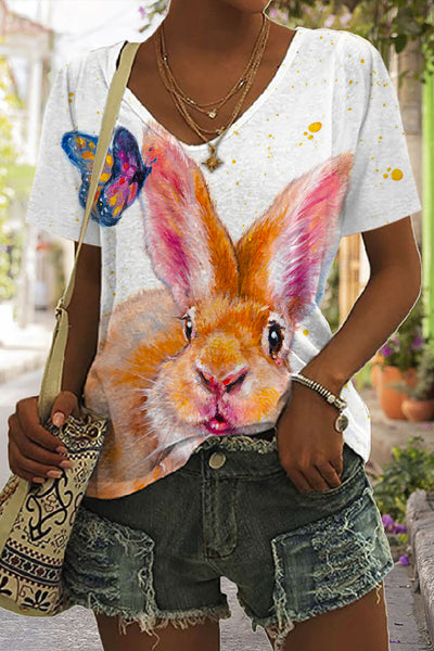 Retro Easter Cute Bunny Watercolor Floral Print V Neck T-shirt