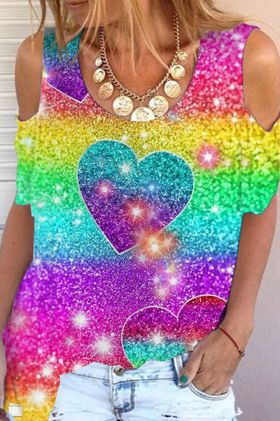 Glitter Heart Colorful Rainbow Sparkles Print Cold Shoulder T-Shirt