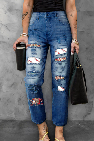 Tis the Season Baseball Leopard Printed Ripped Denim Jeans