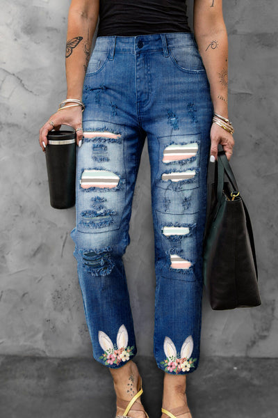 Easter Day Pink Floral Bunny Stripe Ripped Denim Jeans