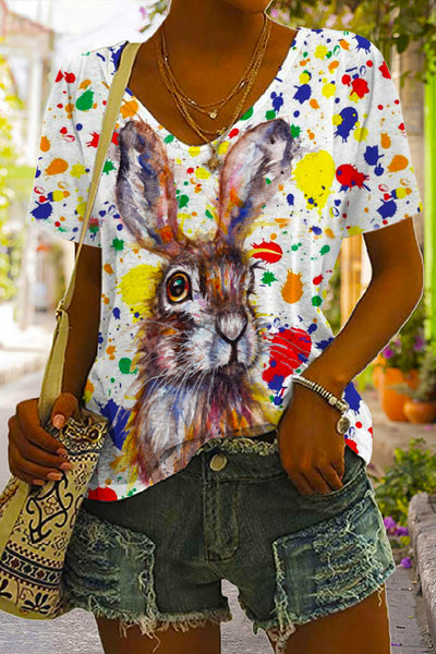 Retro Easter Cute Bunny Watercolor Floral Print V Neck T-shirt