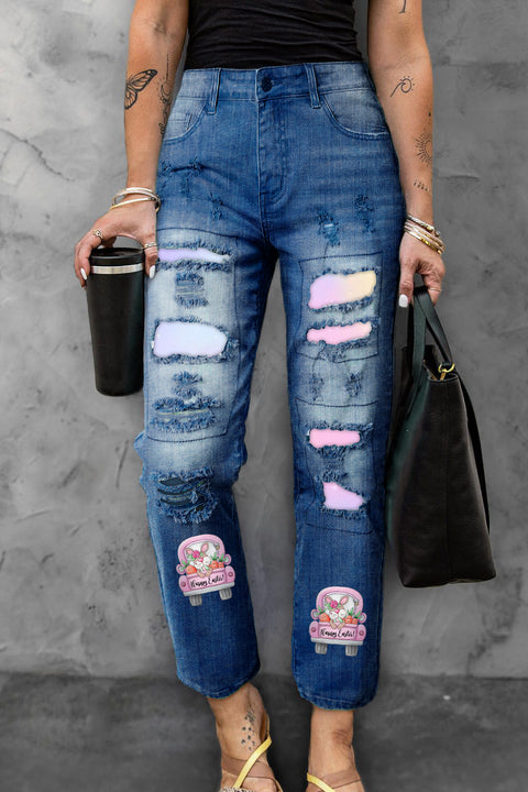 Happy Easter Bunny Carrot Trucks Ripped Denim Jeans