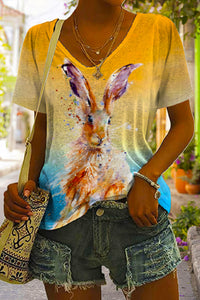Retro Easter Cute Bunny Watercolor Floral Print V Neck T-shirt