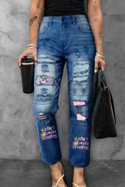 Don't Worry Be Happy Easter Ripped Denim Jeans