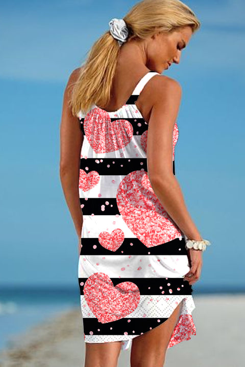 Glitter Striped Heart-Shaped Print Sleeveless Dress