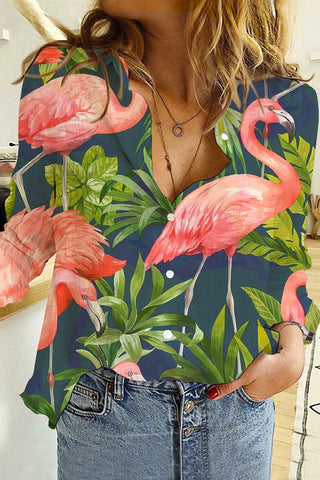 Pink Flamingo Print Open Button Long Sleeve Shirt