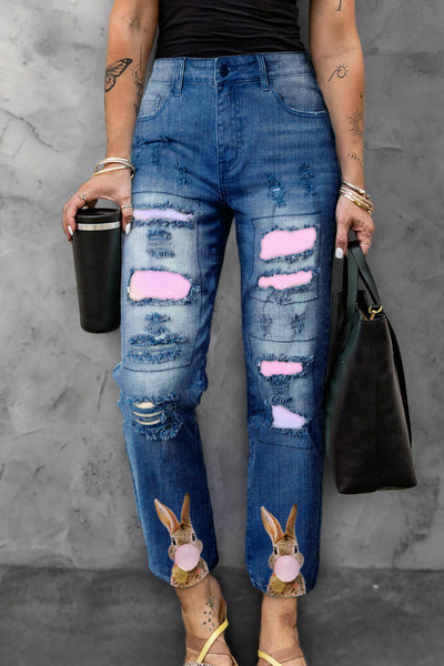 Bubble Gum Bunny Happy Easter Day Ripped Denim Jeans