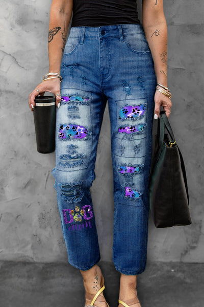 Cute Dog Paws Roaming In The Romantic Milky Way Starry Sky Ripped Denim Jeans