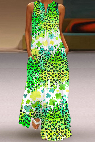Green Artistic Leopard Shamrock Sleeveless Maxi Dress