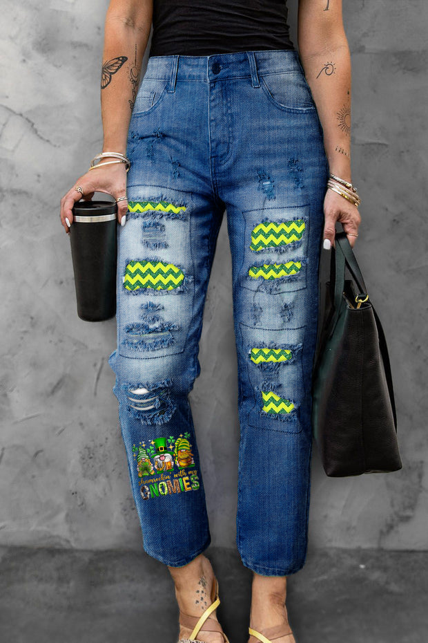 St. Patrick's Day Shamrockin' With My Gnomies Print Ripped Denim Jeans