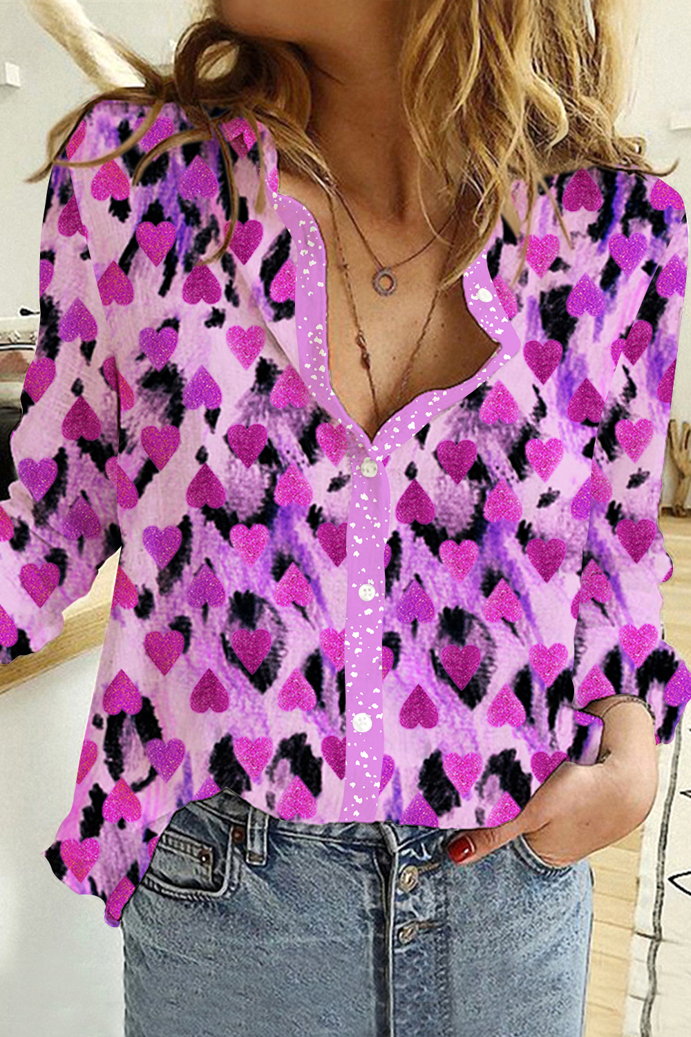 Bright Purple Leopard Heart Long Sleeve Shirt