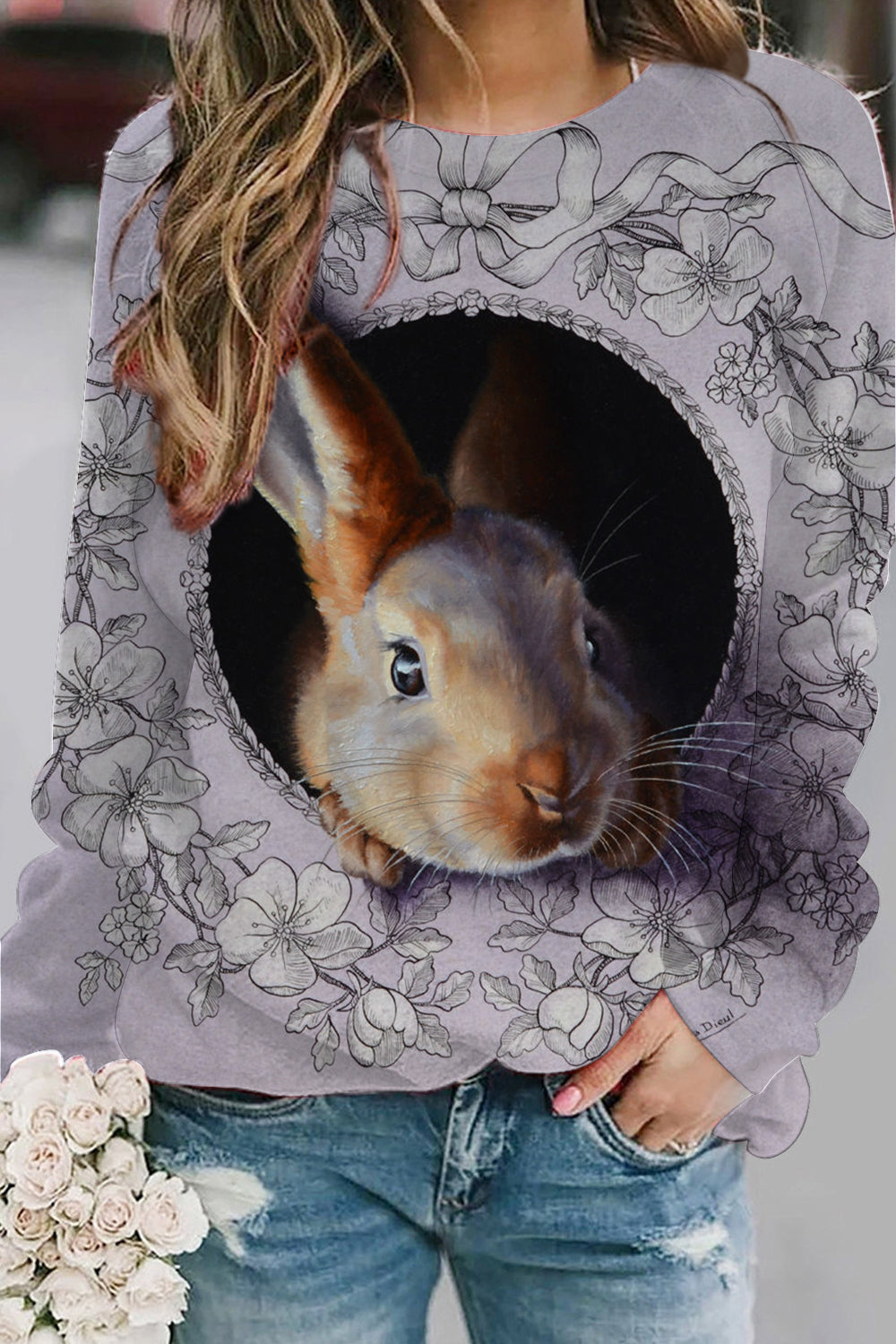 Purple Vintage  Flowers Easter 3D Cute Bunny Printed Sweatshirt