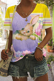 Vintage Cute Easter Bunny With Broken Egg Printed V-neck T-shirt