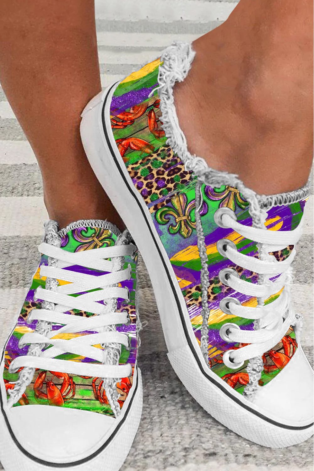 Mardi Gras Truck With Mask Fleur De Lis And Crawfish Western Leopard Print Canvas Shoes Sneakers