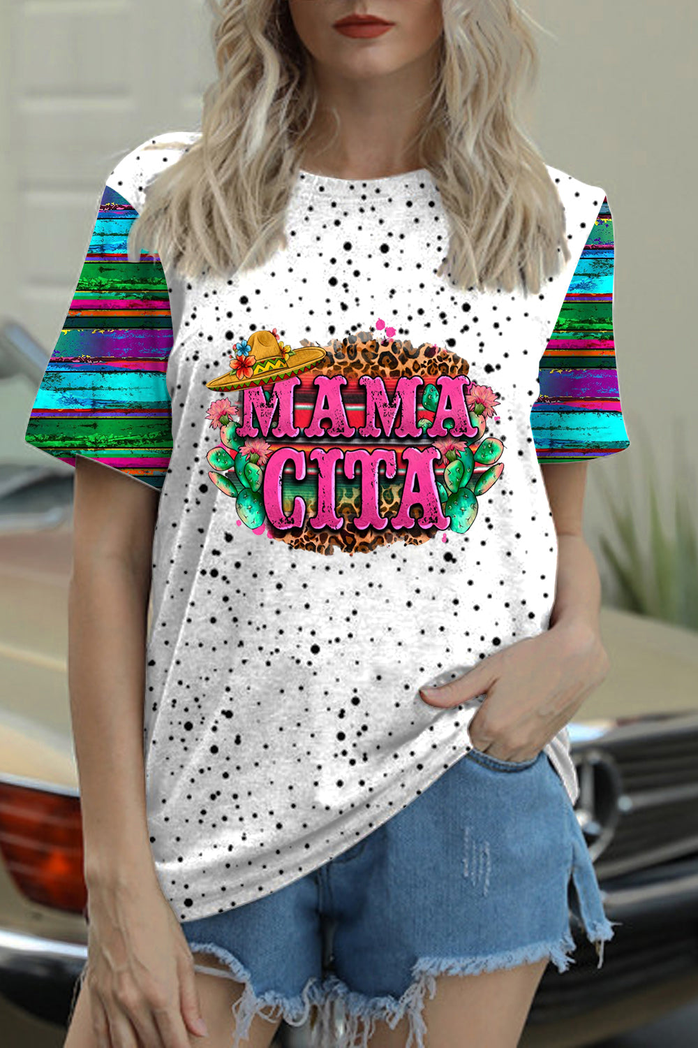 Mama Cita Cactus Serape Mexican Cinco De Mayo Printed Round Neck T-shirt