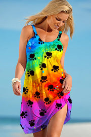 Cute Dog Paws Walk Over a Romantic Rainbow Sleeveless Dress