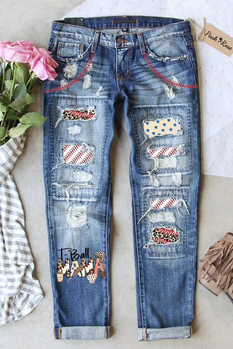 Casual Baseball T-Ball Mama  Leopard Printed Ripped Denim Jeans