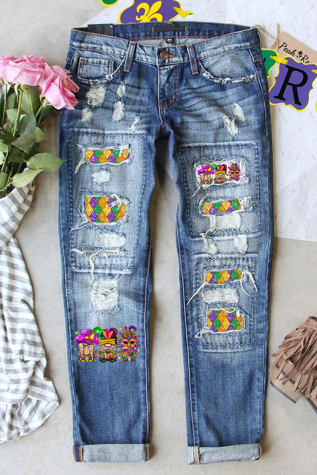 Mardi Gras Gnomies Cakes Flowers And Balloon Print Denim Jeans