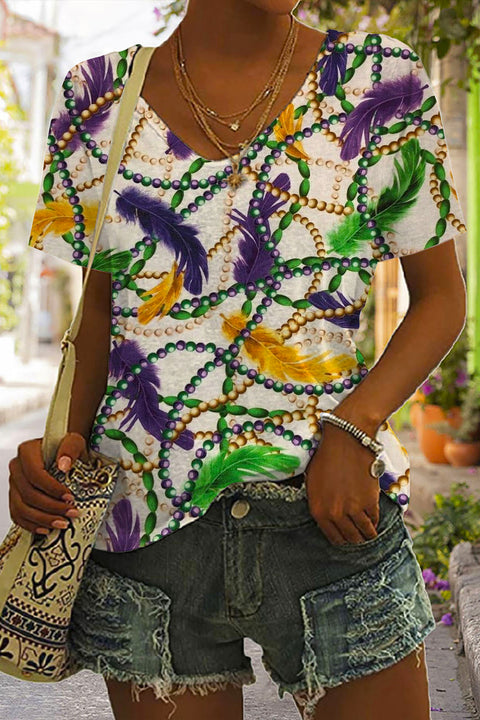 Retro Mardi Gras Feathers & Beads Print V Neck Short Sleeve T-shirt