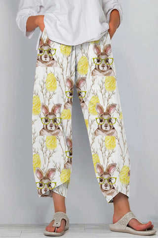 Cute Easter Bunny With Glasses In Easter Eggs Forest Printed Casual Pants