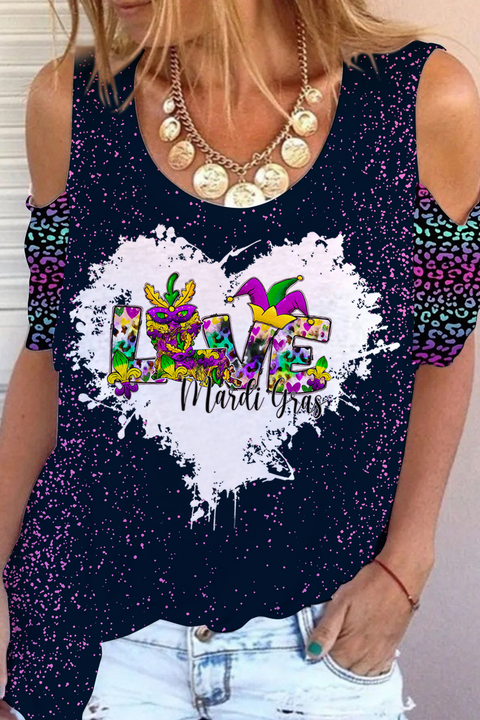 Happy Mardi Gras Love Print Cold Shoulder T-shirt