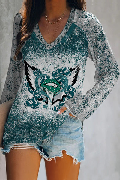 Green And Gray Team Colors Love Lips And Wings Football Printed V-neck Long Sleeve Tee