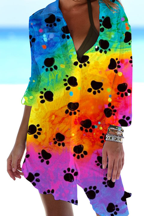 Cute Dog Paws Walk Over a Romantic Rainbow Patch Front Pockets Shirt