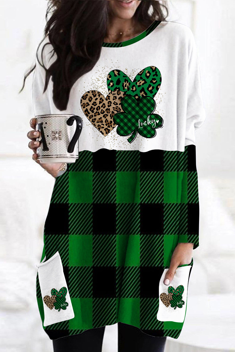 Green Leopard Plaid Lucky Hearts Loose Tunic With Pockets