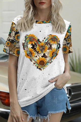 Cowhide Heart And Sunflower Print T-Shirt